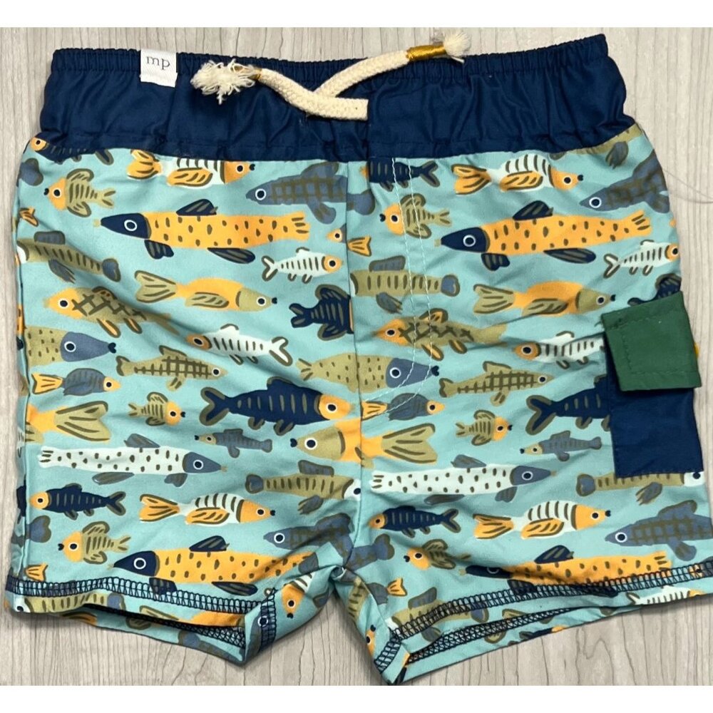 Mud Pie 6-9m NWT blue green fish fishing swim trunks bathing suit NWT beach